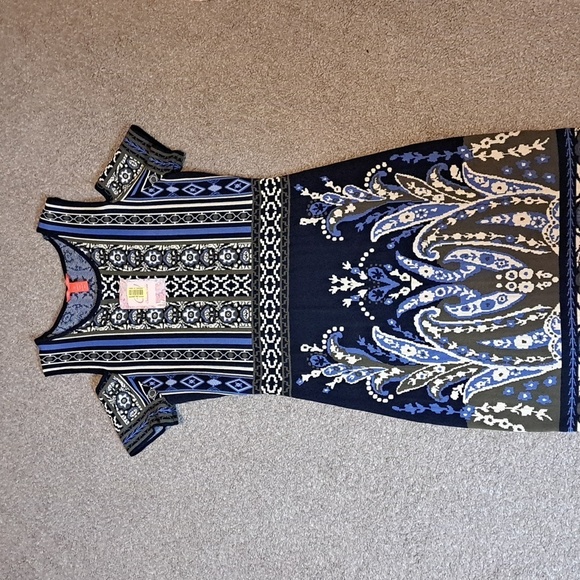 Chelsea & Violet Black, Blue & Olive Print Stretch Knit Dress With Open Shoulder - Picture 2 of 10